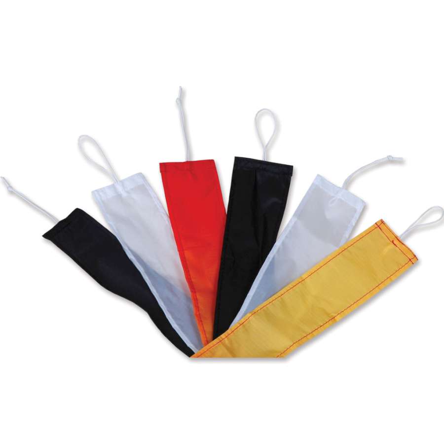 Combo Tails - Warm Gradient featuring six 15-foot colorful nylon tails displayed with a kite against a blue sky backdrop.