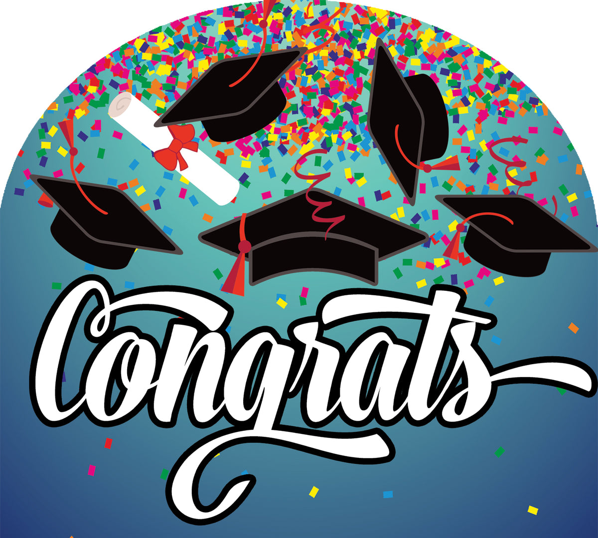 Congrats Grad! Arbor Mate decorative panel, featuring a vibrant graduation theme, displayed in a garden setting for outdoor celebrations.