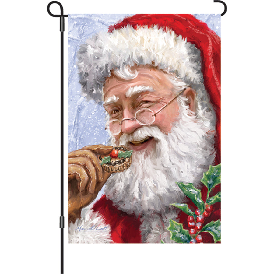 12 in. illuminated Cookies for Santa garden flag displaying a festive plate of cookies, enhancing outdoor holiday decorations in a front yard.