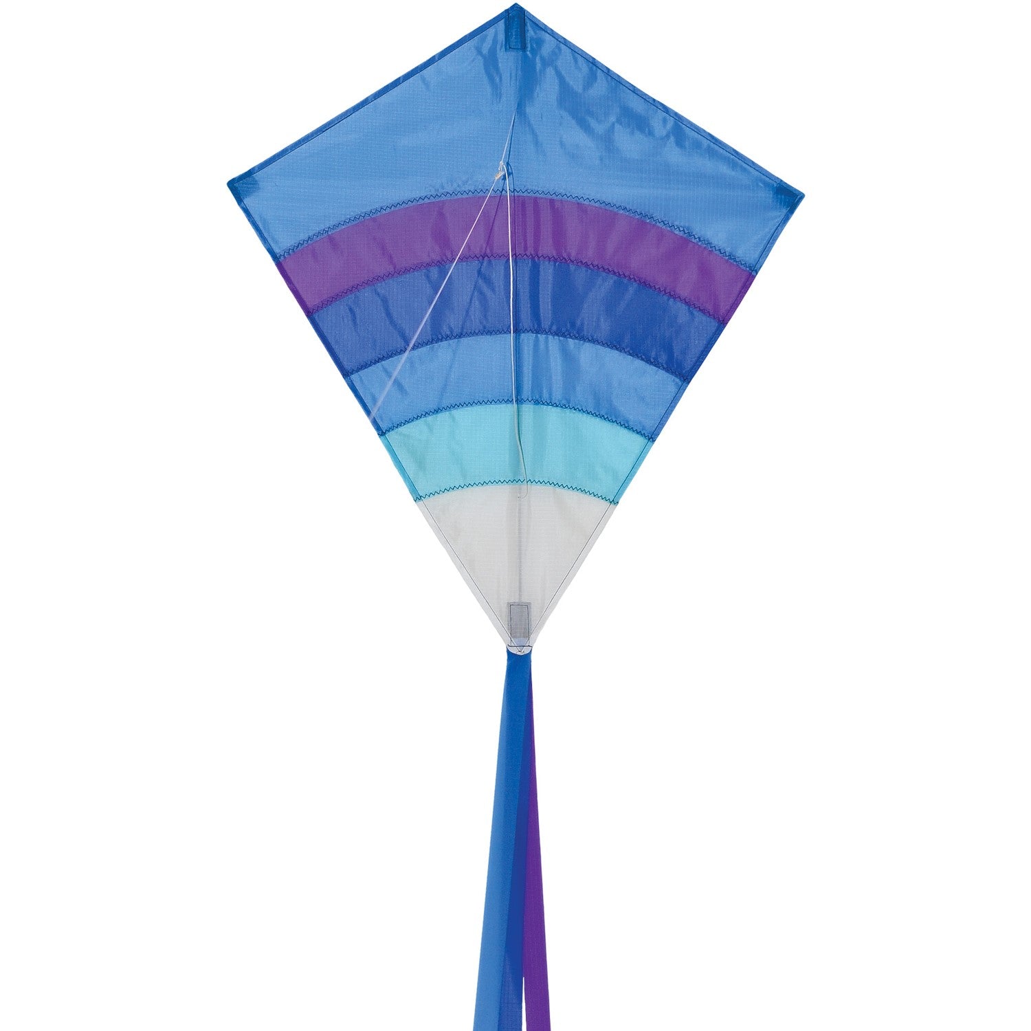 Cool Arch 27' Diamond Kite in vibrant rainbow colors flying high in a clear sky, ideal for beach and park activities.