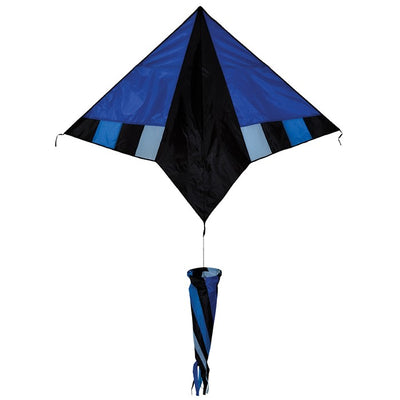 Cool Breeze 60" Delta kite soaring high in the sky with colorful twisting windsock, featuring a vivid design and stable delta shape against a clear blue backdrop.