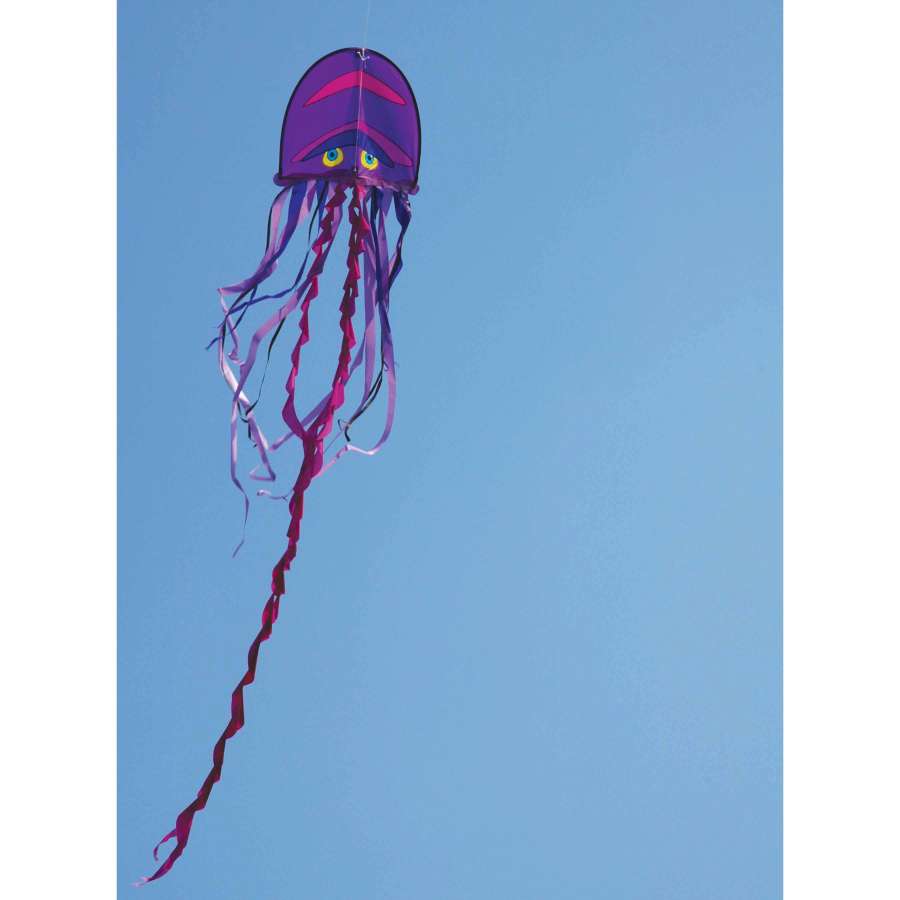 Cool Jellyfish Kite with vibrant colors and long tails drifting high in the sky during a sunny day at the beach.