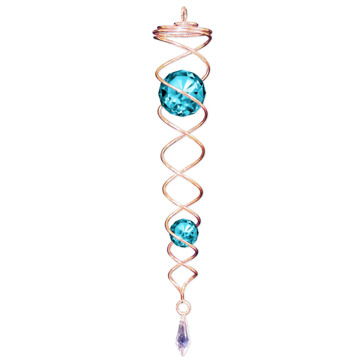 Copper Aqua Crystal Twister displayed outdoors, showing its elegant spirals and sparkling crystals catching the light in a garden setting.