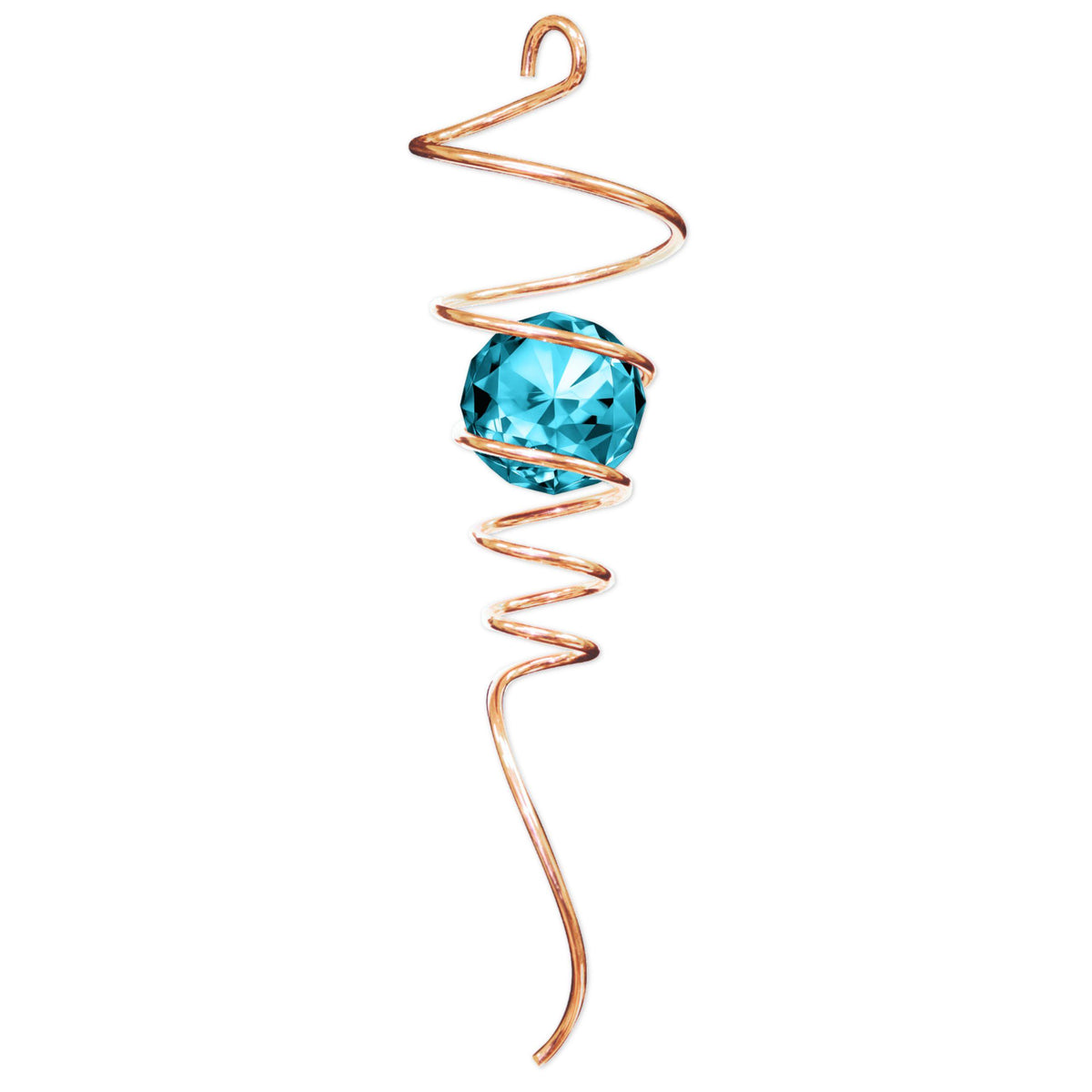 Copper Aqua Tail with crystal accents displayed outdoors, showcasing its spiral design swaying in the breeze under sunlight.