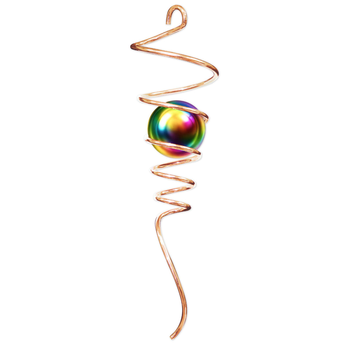 Copper Gazing Tail featuring a spiral design and gazing ball, catching light beautifully in an outdoor or indoor setting, perfect for decoration.