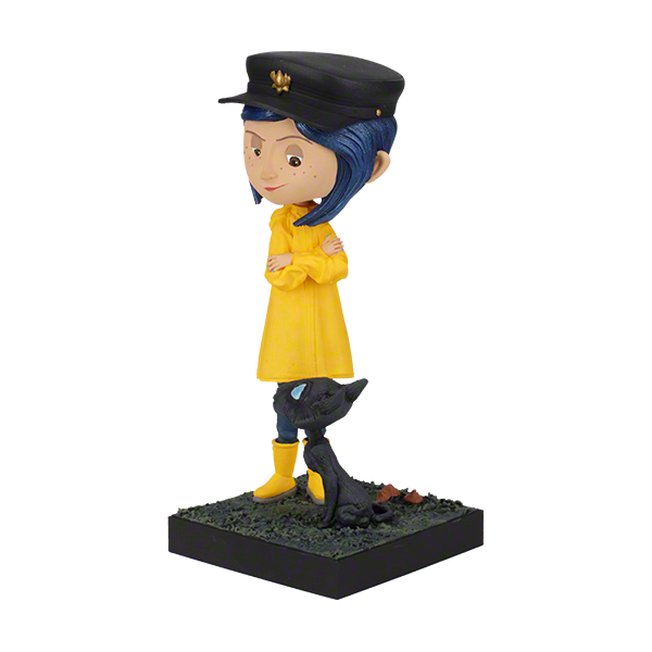 6.5 inch Coraline and The Cat Bobblehead featuring Coraline in a yellow raincoat with a cat, beautifully detailed, and made of premium resin.