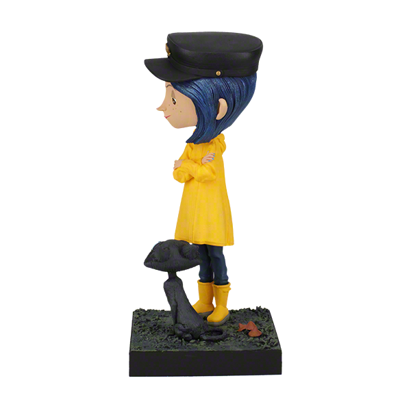 6.5 inch Coraline and The Cat Bobblehead featuring Coraline in a yellow raincoat with a cat, beautifully detailed, and made of premium resin.