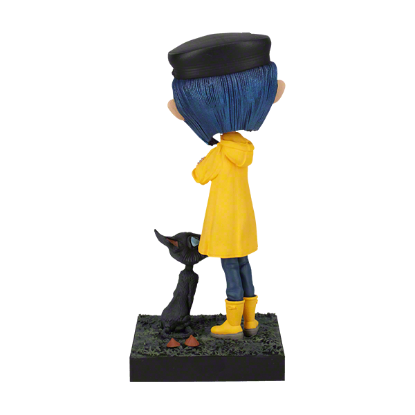 6.5 inch Coraline and The Cat Bobblehead featuring Coraline in a yellow raincoat with a cat, beautifully detailed, and made of premium resin.