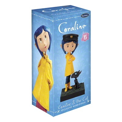6.5 inch Coraline and The Cat Bobblehead featuring Coraline in a yellow raincoat with a cat, beautifully detailed, and made of premium resin.