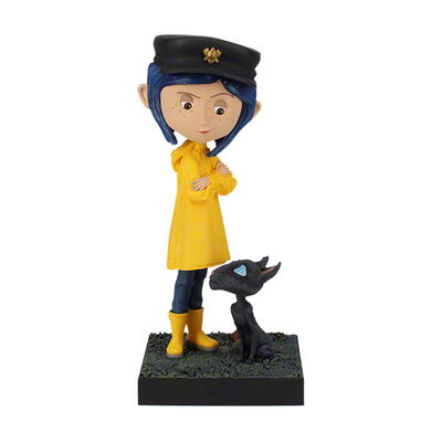 6.5 inch Coraline and The Cat Bobblehead featuring Coraline in a yellow raincoat with a cat, beautifully detailed, and made of premium resin.