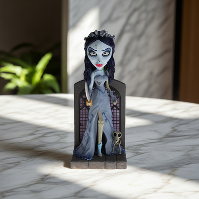 The Corpse Bride Emily Bobblehead displaying intricate details of her blue skin and wedding dress, nodding gracefully.