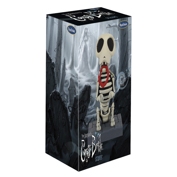 Corpse Bride - Scraps Bobblehead featuring a skeletal dog with collar in mouth, hand-painted with intricate details, showcasing Tim Burton's artistry.