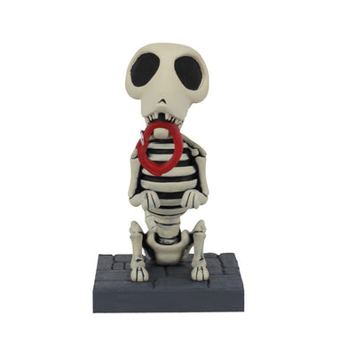 Corpse Bride - Scraps Bobblehead featuring a skeletal dog with collar in mouth, hand-painted with intricate details, showcasing Tim Burton's artistry.