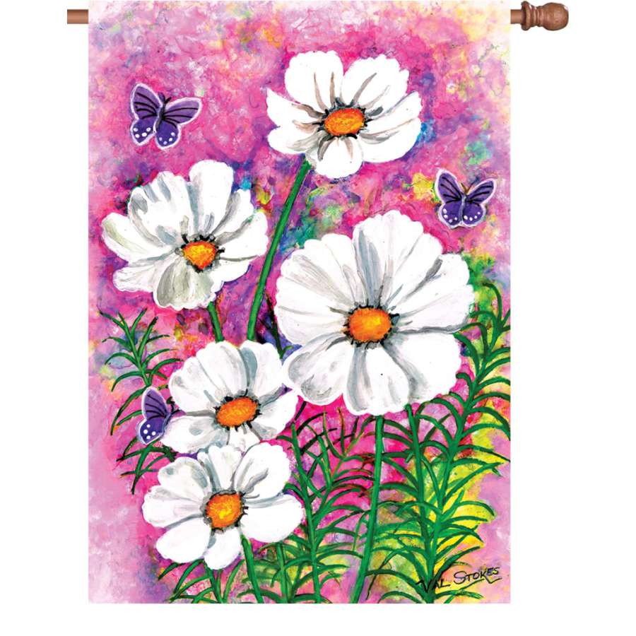 28 in. Cosmos Cluster house flag featuring a vibrant illuminated cosmic design, displayed on a decorative flagpole in a garden setting.