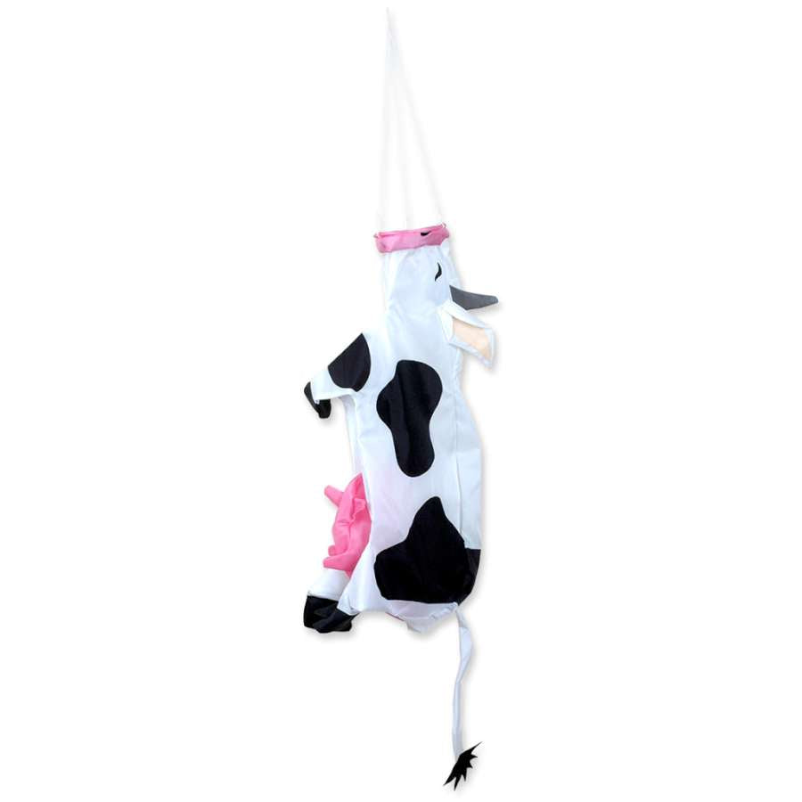 Colorful 36-inch Cow Windsock swaying in the breeze, showcasing a playful design in an outdoor garden setting.
