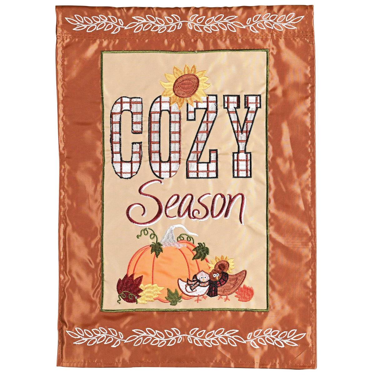 Cozy Season Garden Flag beautifully displays intricate embroidery and fabric appliques, showcasing the essence of autumn in a bright outdoor setting.
