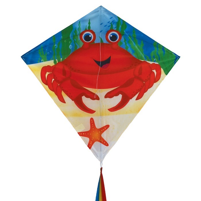 Crab 30\" Diamond Kite with colorful crab design flying high against a blue sky, featuring three tails and ready for outdoor fun.