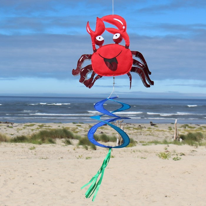Colorful Crab Theme Twister spinning in the breeze, featuring a playful crab design with curlie duet tail and streamers, perfect for outdoor decor.