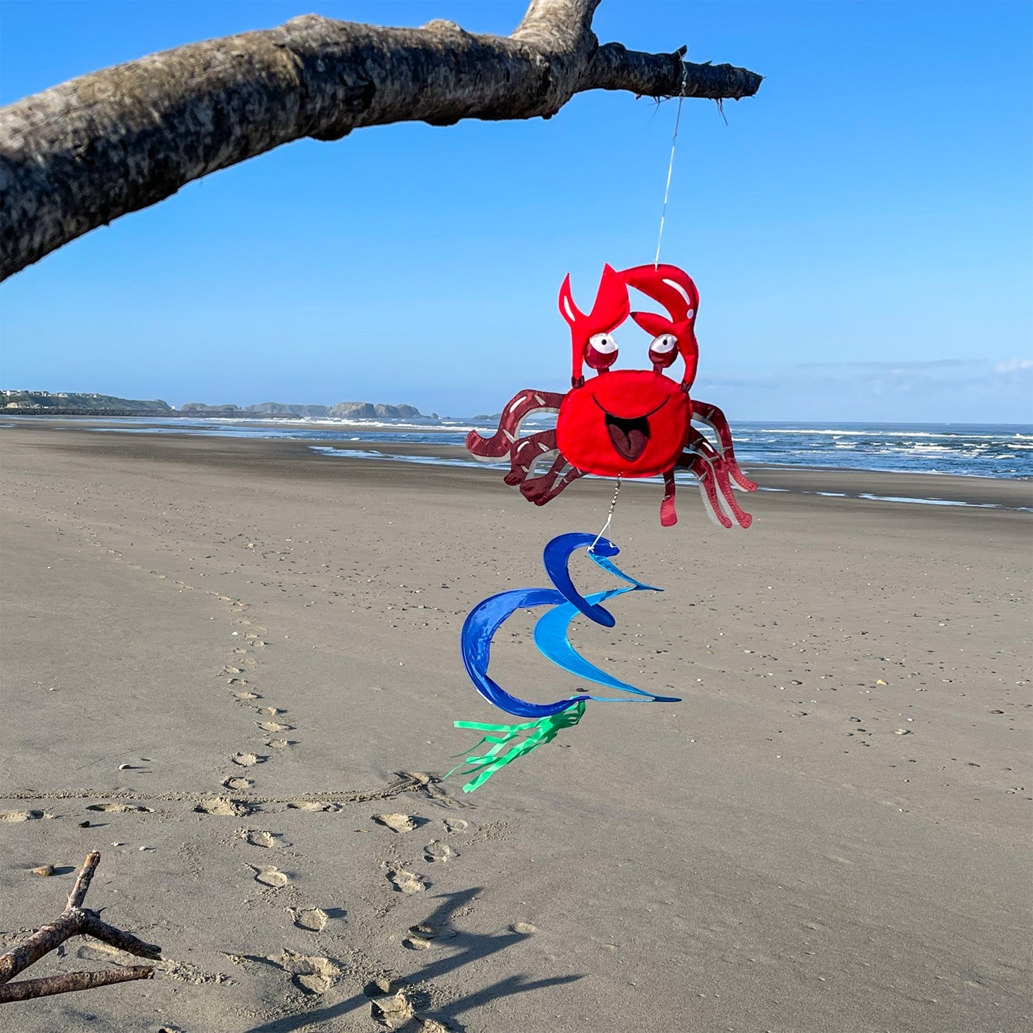 Colorful Crab Theme Twister spinning in the breeze, featuring a playful crab design with curlie duet tail and streamers, perfect for outdoor decor.