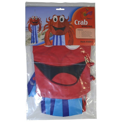 A vibrant red crab windtail with fluttering tails, designed for outdoor decor, showcasing bright 2D graphics hanging from a garden hook.