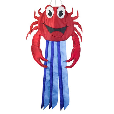 A vibrant red crab windtail with fluttering tails, designed for outdoor decor, showcasing bright 2D graphics hanging from a garden hook.