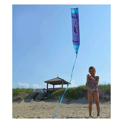 Crayon Kite featuring a bright blue crayon design, perfect for outdoor fun or indoor decor, flying in a clear blue sky with children smiling.