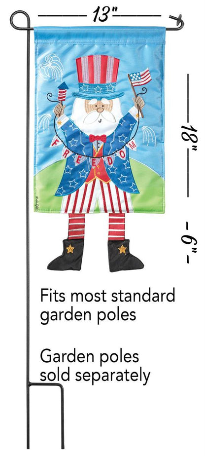 Crazy Leg Uncle Sam 13x18 garden flag displayed on a stand, showcasing vibrant double-sided design, playful legs, and durable polyester fabric for outdoor use.