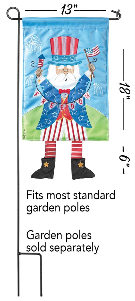 Crazy Leg Uncle Sam 13x18 garden flag displayed on a stand, showcasing vibrant double-sided design, playful legs, and durable polyester fabric for outdoor use.