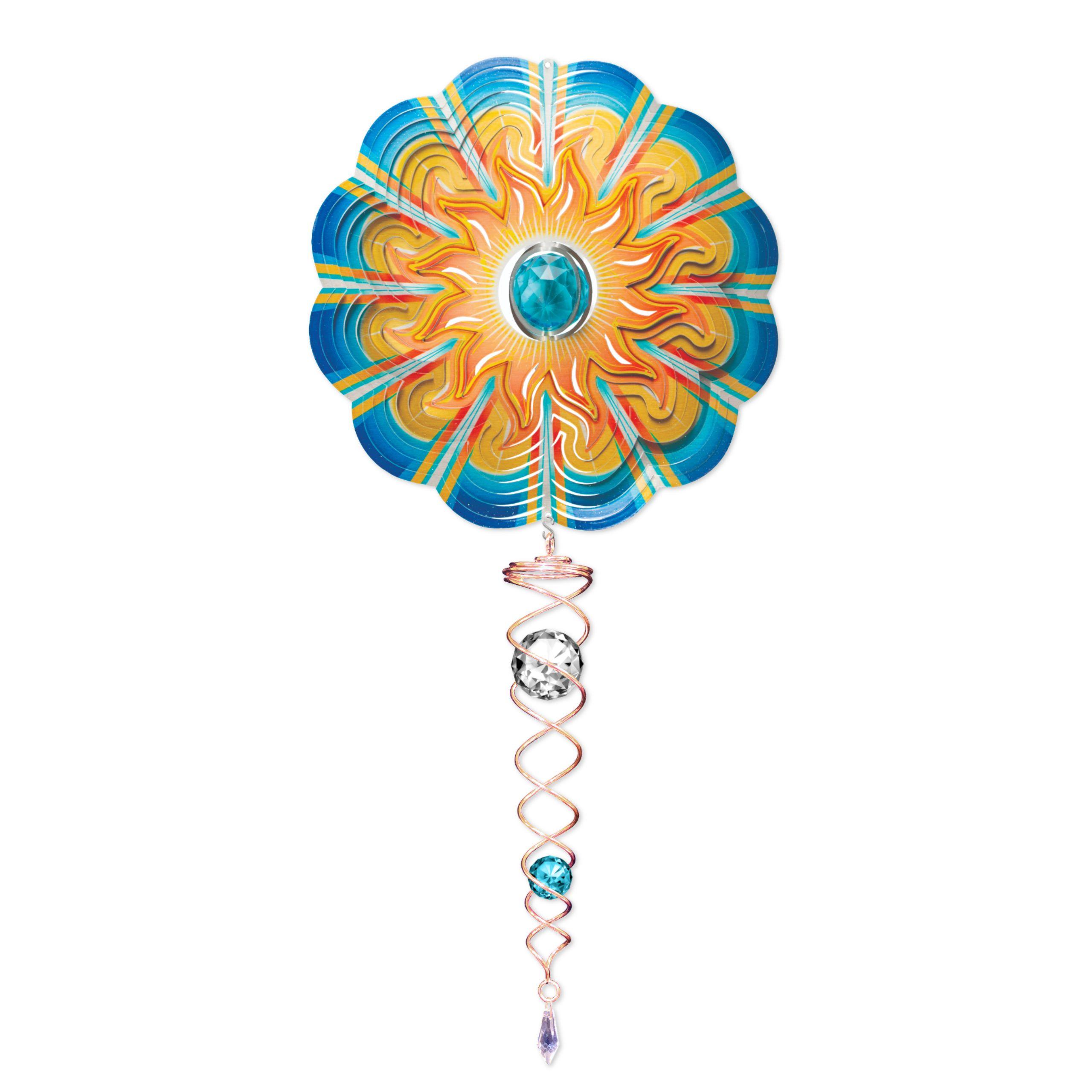 Crystal Aqua Sun wind spinner set featuring a 6.5-inch spinner with a sparkling crystal centerpiece and a 7.5-inch twister displayed outdoors amid greenery.