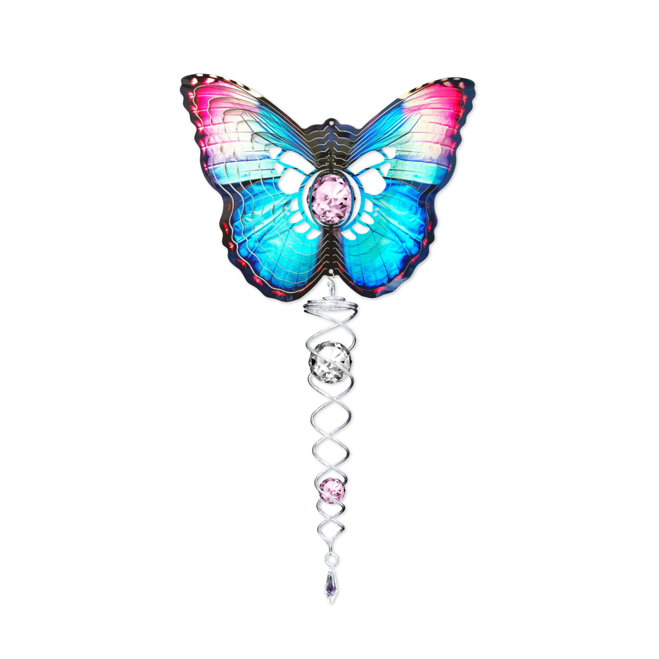 Crystal Butterfly wind spinner set featuring a beautiful crystal centerpiece and durable stainless steel design, perfect for any garden or indoor setting.