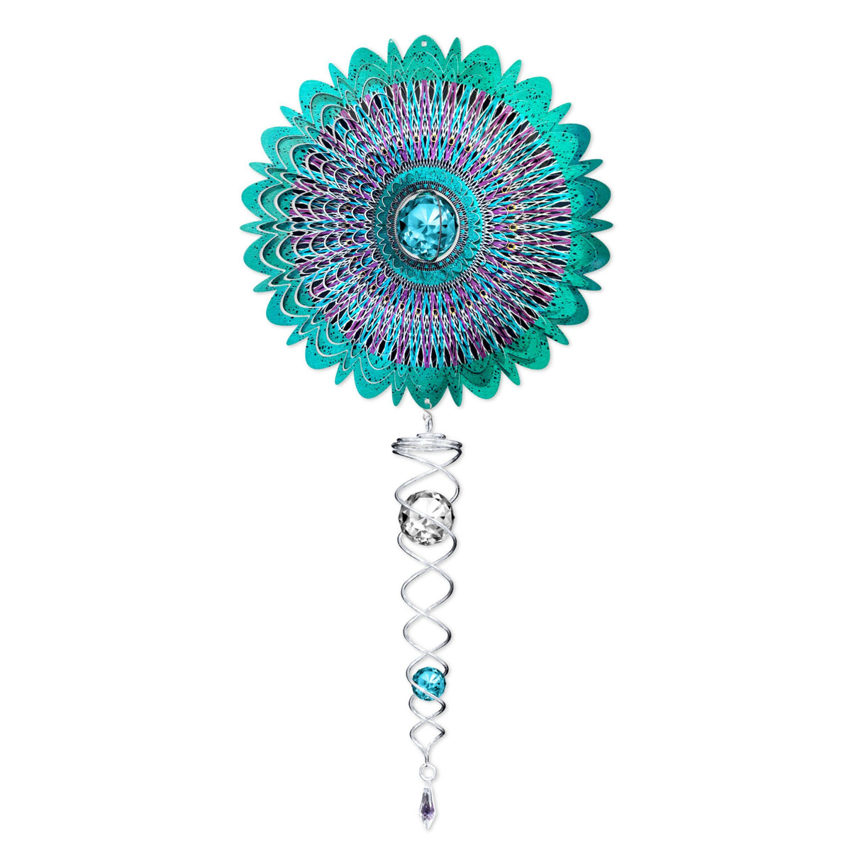 Crystal Cosmic Mandala 6.5-inch wind spinner with sparkly center and twister, visually captivating in an outdoor garden setting.