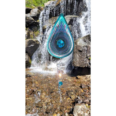 Crystal Cosmic Teardrop wind spinner showcasing a sparkling crystal centerpiece, designed for outdoor and indoor stylish displays.
