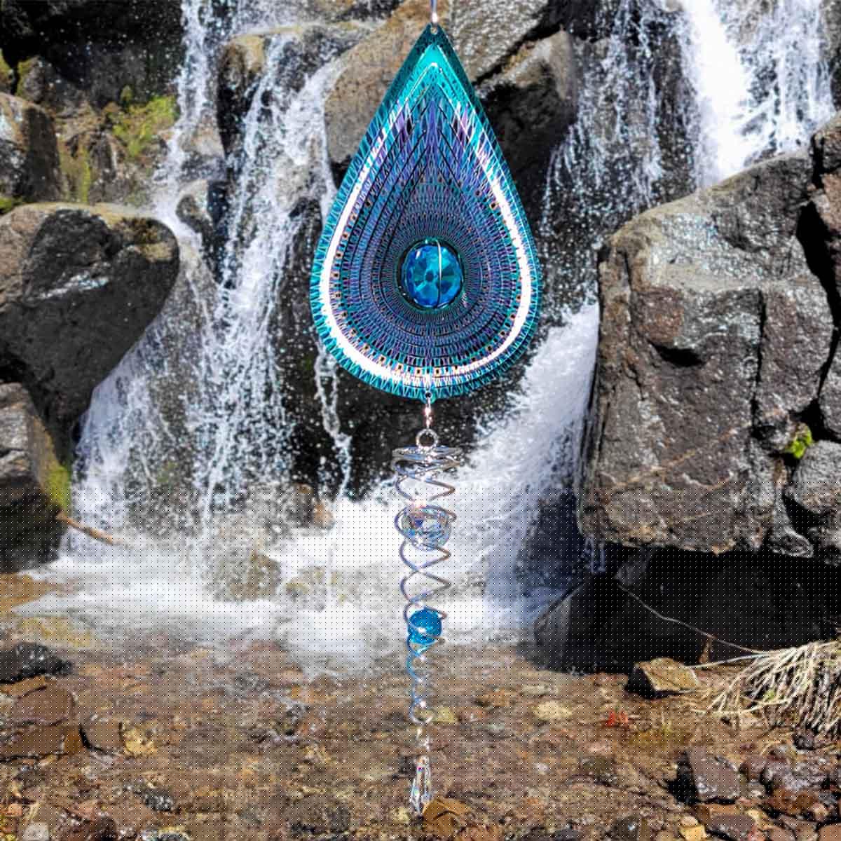 Crystal Cosmic Teardrop wind spinner showcasing a sparkling crystal centerpiece, designed for outdoor and indoor stylish displays.