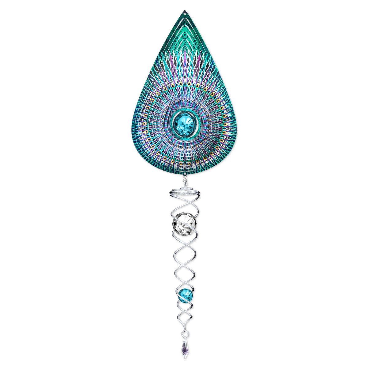 Crystal Cosmic Teardrop wind spinner showcasing a sparkling crystal centerpiece, designed for outdoor and indoor stylish displays.