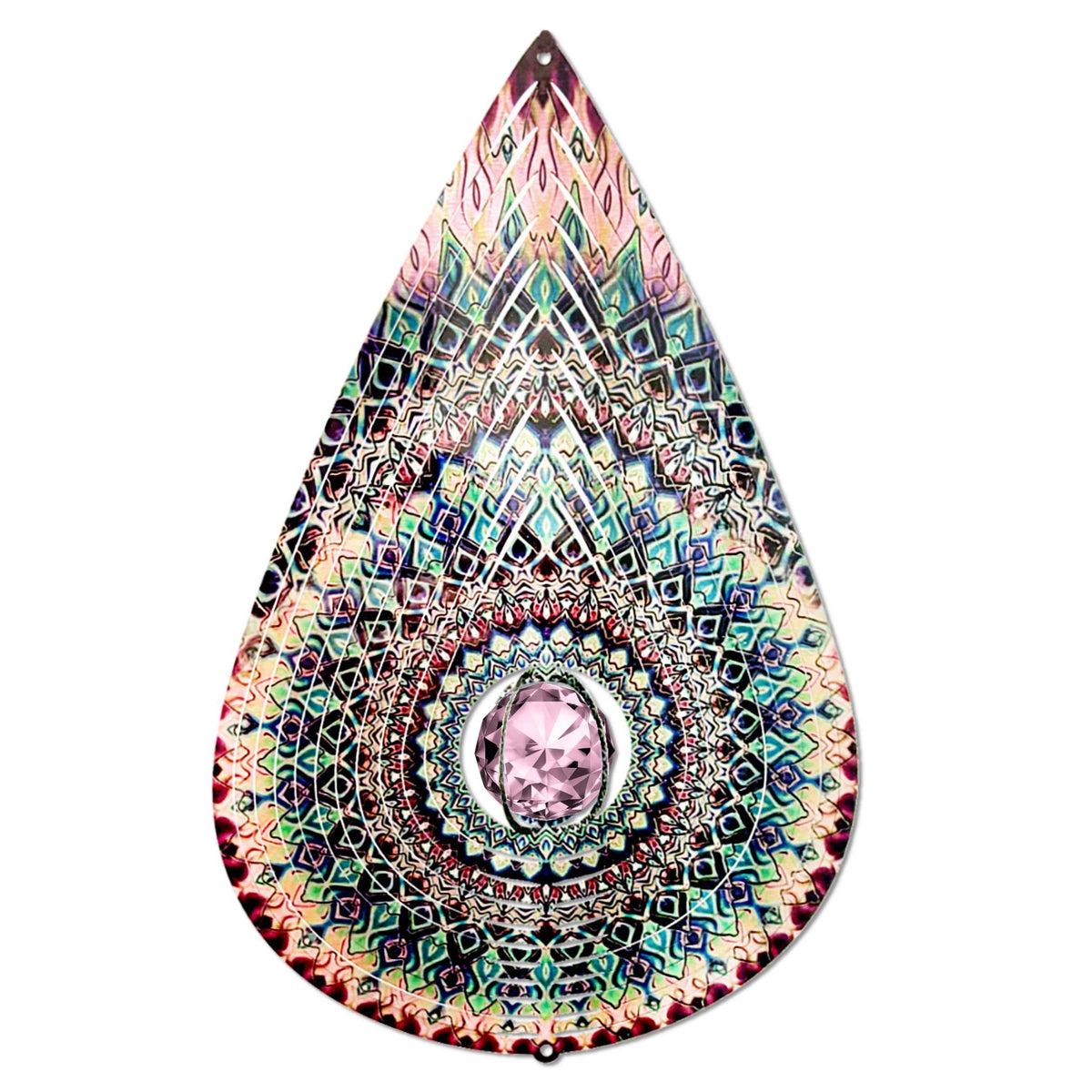 Crystal Rose Teardrop wind spinner with a shimmering crystal centerpiece, enhancing an outdoor garden or patio setting.