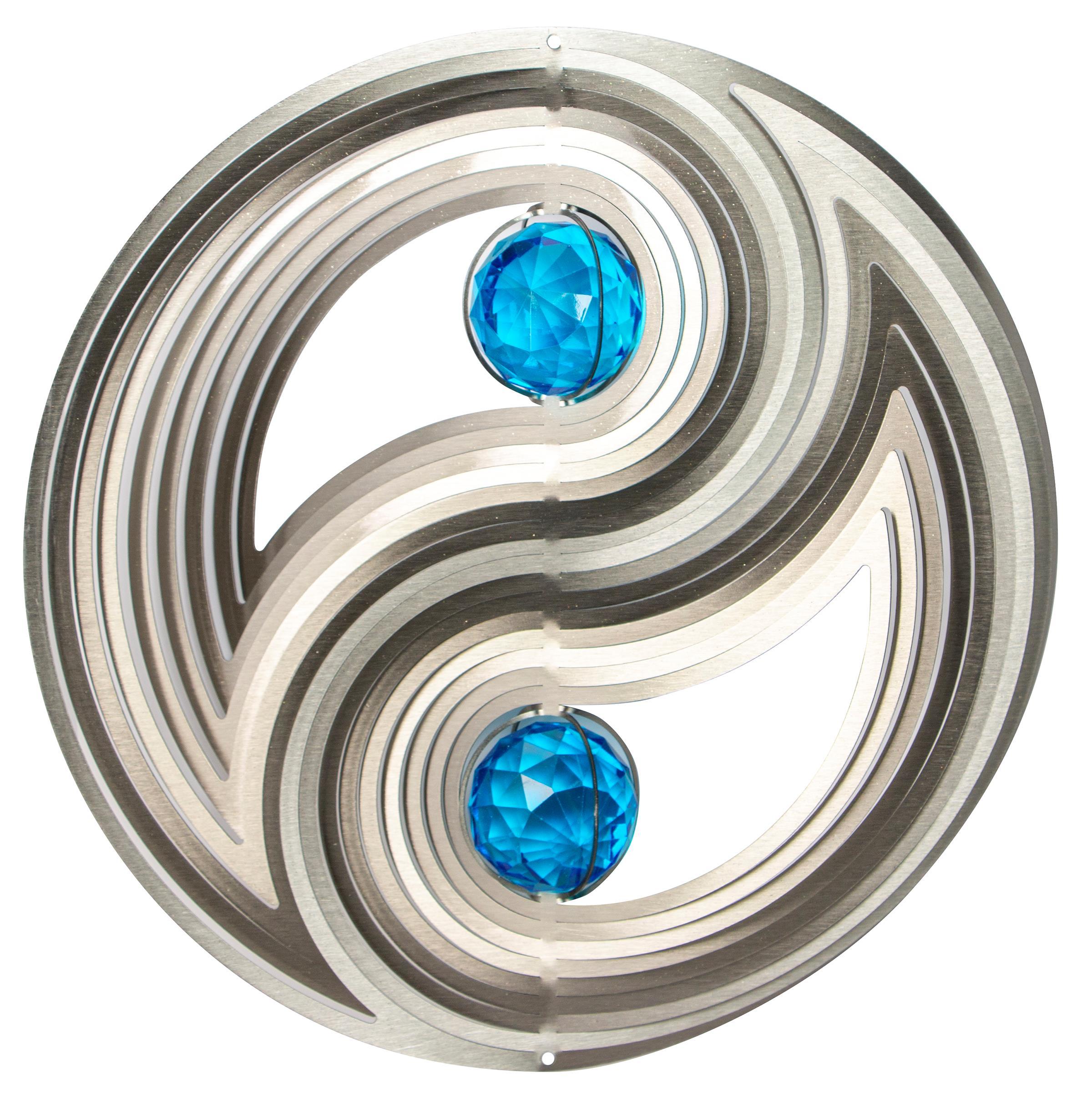 Crystal Yin Yang wind spinner displaying a gazing ball and colorful reflections, crafted from weather-resistant stainless steel for outdoor use.