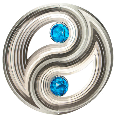 Crystal Yin Yang wind spinner displaying a gazing ball and colorful reflections, crafted from weather-resistant stainless steel for outdoor use.