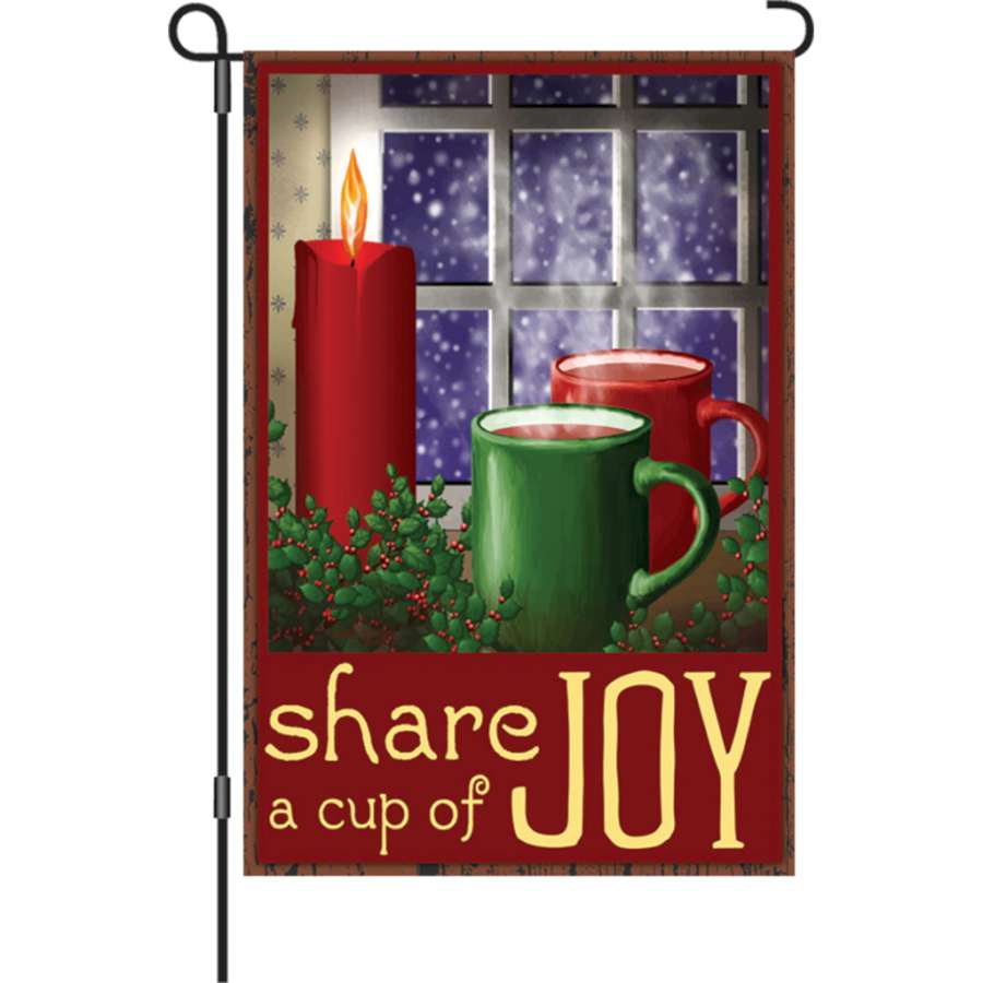 12 in. Flag - Cup of Joy garden flag displaying colorful 'share a cup of JOY' design on a garden flag stand in winter setting.