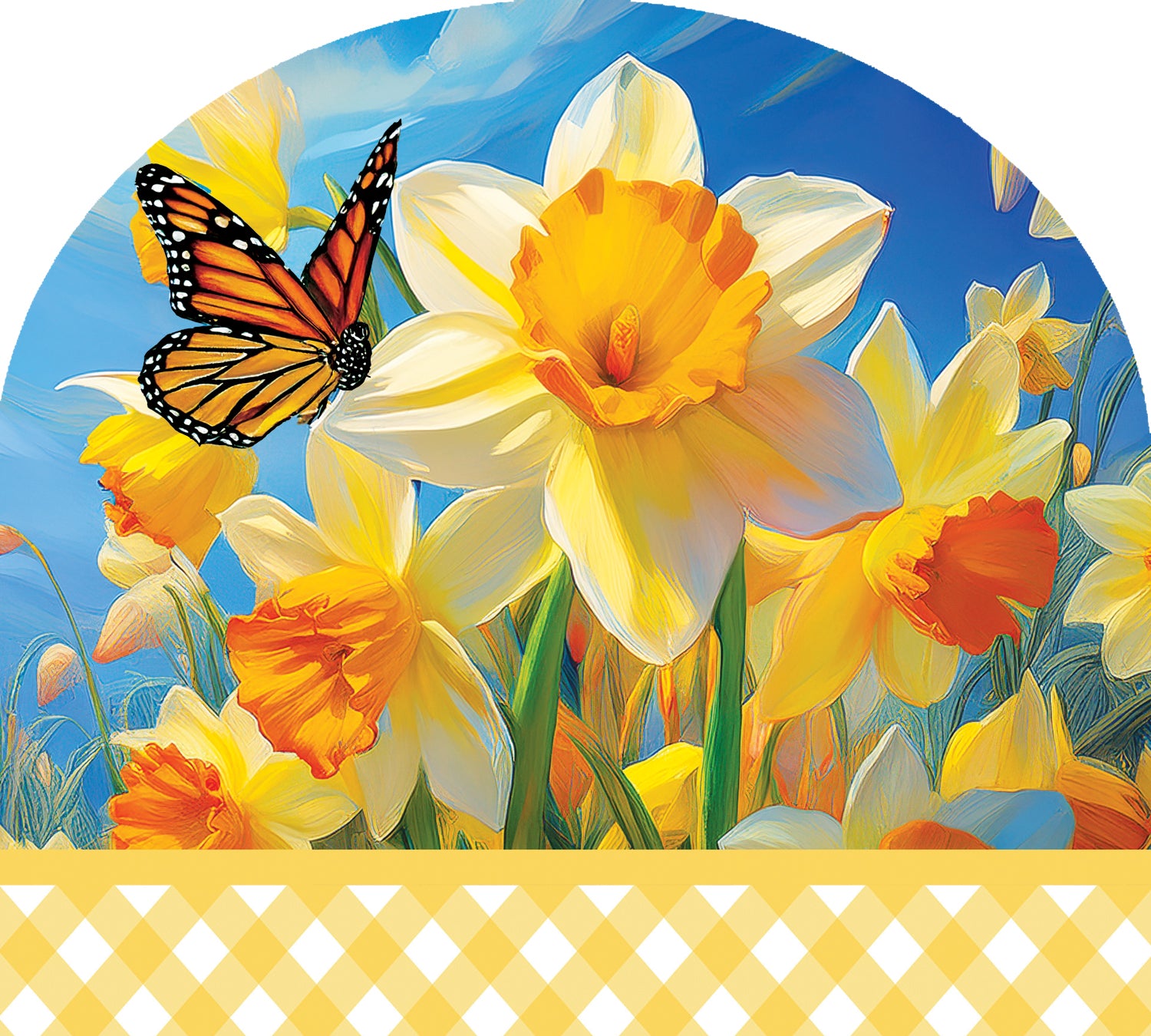 Daffodils and Butterfly Arbor Mate, 9.25x7.5 PVC garden panel with vibrant design fitted into an Arbor Mate holder in a lush garden setting.