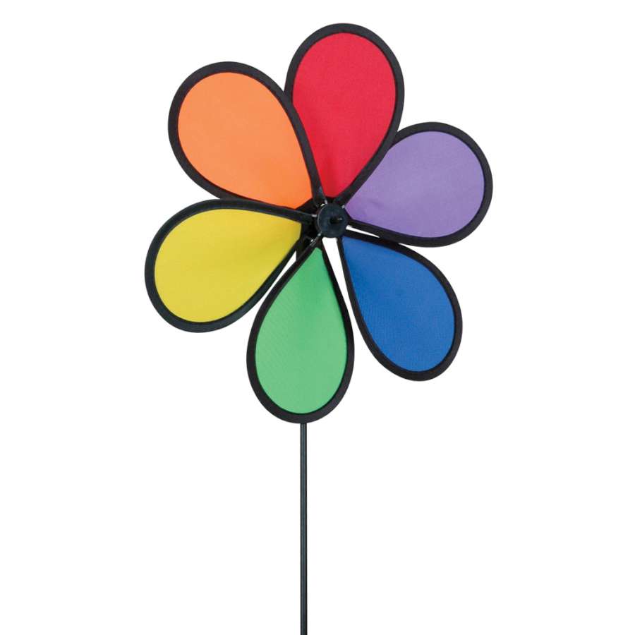 Daisy Windmill Spinner with multi-colored petals spinning in the breeze, highlighting its fiberglass frame and polyester fabric, set in a garden.