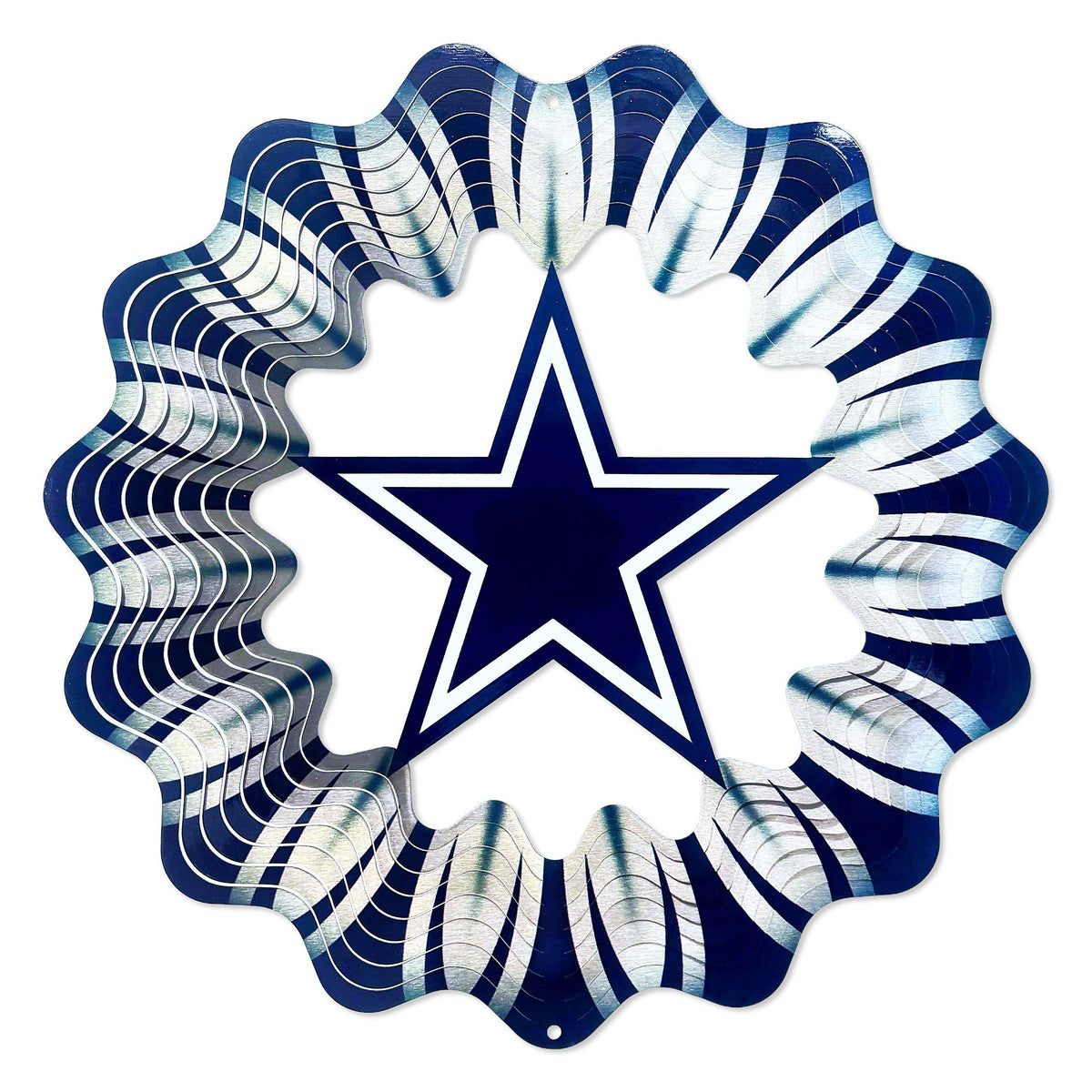 Dallas Cowboys NFL Wind Spinner featuring bold team colors and logos in motion, displayed in a garden setting.