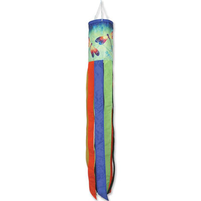 Colorful Dancing Dragonflies windsock gracefully swaying in the outdoor breeze, creating a charming decor accent in a vibrant garden setting.