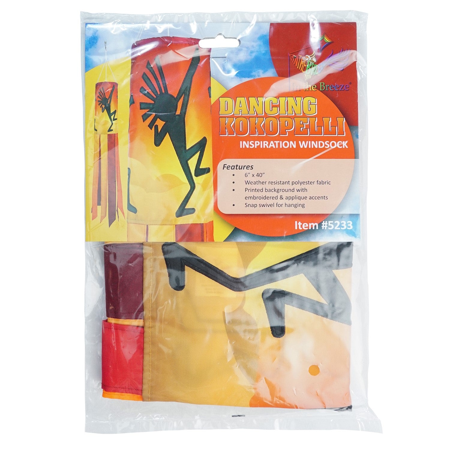 Dancing Kokopelli windsock featuring intricate graphics and vibrant colors, gracefully fluttering with the wind and enhancing any outdoor decor.