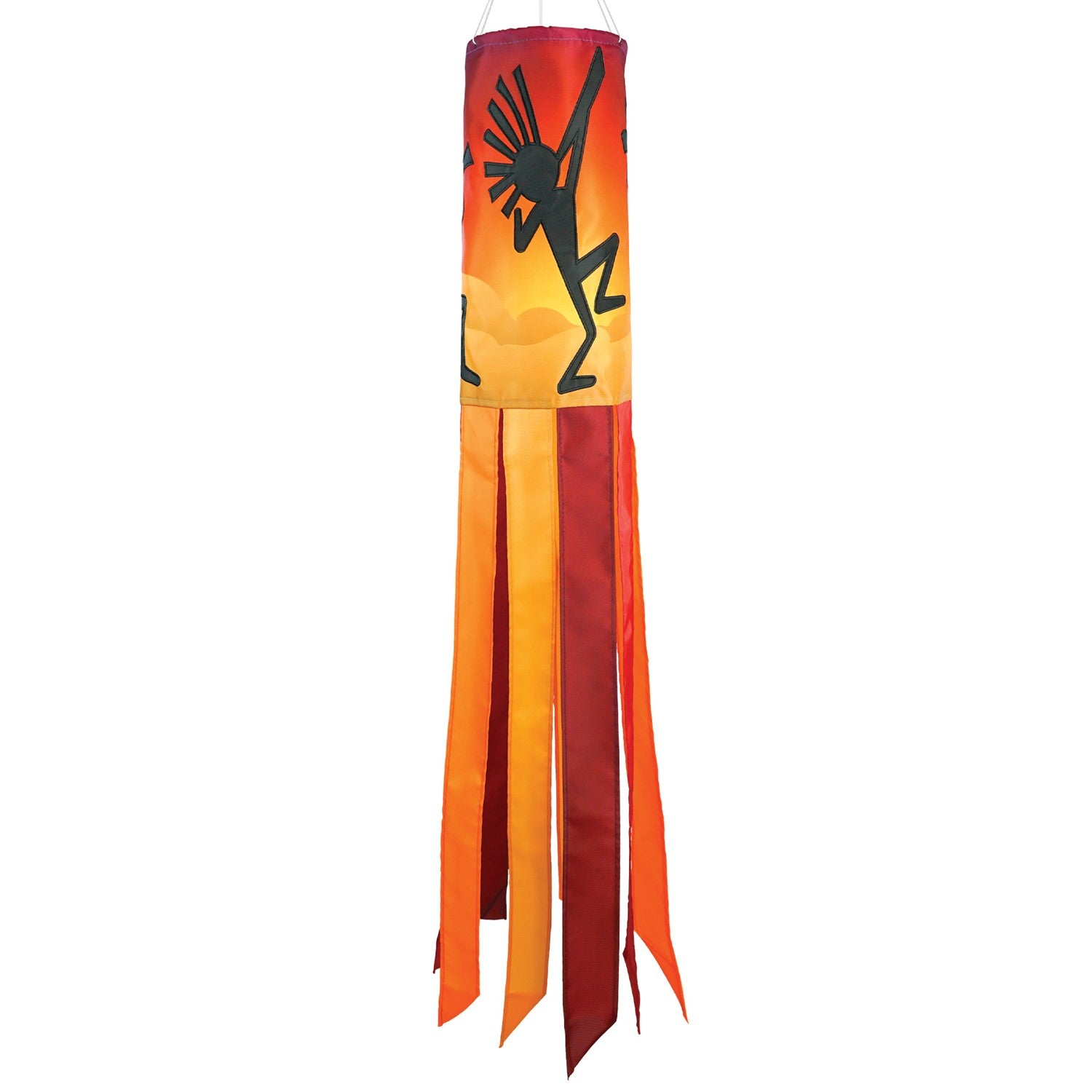 Dancing Kokopelli windsock featuring intricate graphics and vibrant colors, gracefully fluttering with the wind and enhancing any outdoor decor.