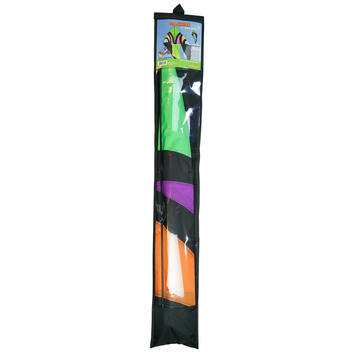 Dashiki 77' Wave Delta Kite soaring against a blue sky, showcasing vibrant patterns and colorful tails, designed for outdoor enjoyment.