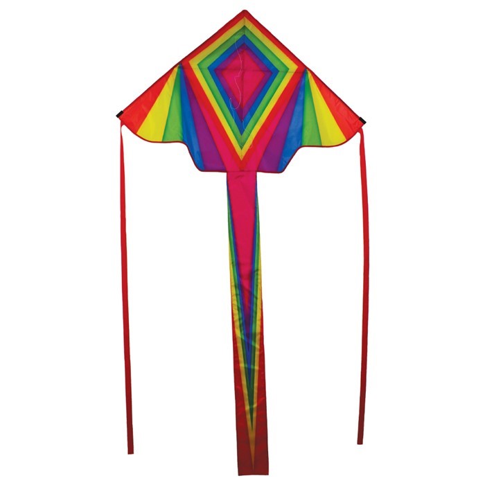 Dayglow 45-inch Fly-Hi Kite in bright rainbow colors flying high against a clear sky with two colorful streamer tails.