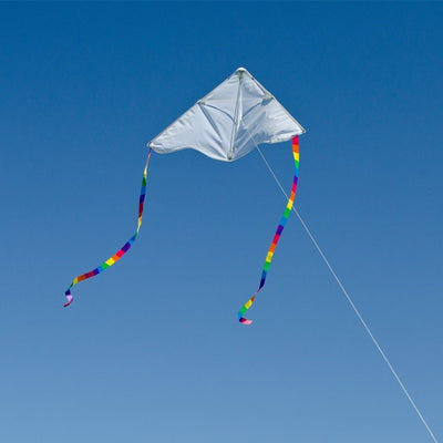 Visualize the Delta Coloring Kite: a 30-inch blank kite ready for artistic expression, showcasing its round edges and colorful rainbow stripe tails against a bright sky.