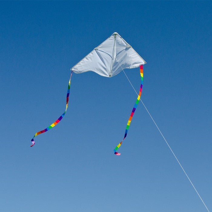 Visualize the Delta Coloring Kite: a 30-inch blank kite ready for artistic expression, showcasing its round edges and colorful rainbow stripe tails against a bright sky.