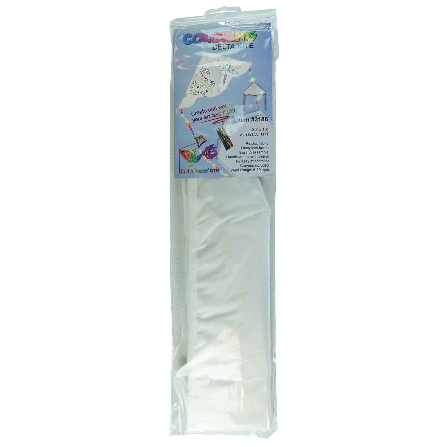Visualize the Delta Coloring Kite: a 30-inch blank kite ready for artistic expression, showcasing its round edges and colorful rainbow stripe tails against a bright sky.