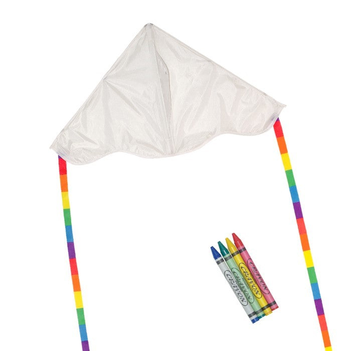 Visualize the Delta Coloring Kite: a 30-inch blank kite ready for artistic expression, showcasing its round edges and colorful rainbow stripe tails against a bright sky.